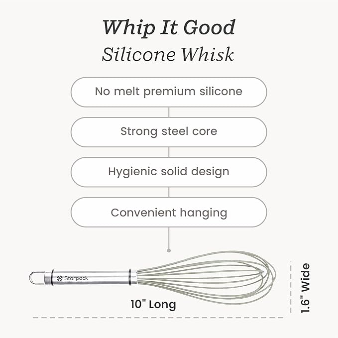 Starpack 'Whip it Good' Silicone Whisk for Nonstick Cookware - Non Scratch Whisk Heat Resistant 600°F - Kitchen Whisks for Cooking, Baking & Stirring - Silicone Coated Durable Rubber Egg Whisks