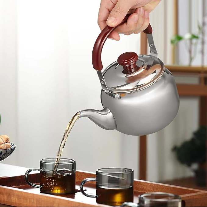 LIFKOME Traditional Stainless Steel Heavy Duty Tea Kettle With Sandwich Bottom and Specialty Cool Touch Handling Mirror Finish Stainless Steel Whistling Tea Kettle Stove Top