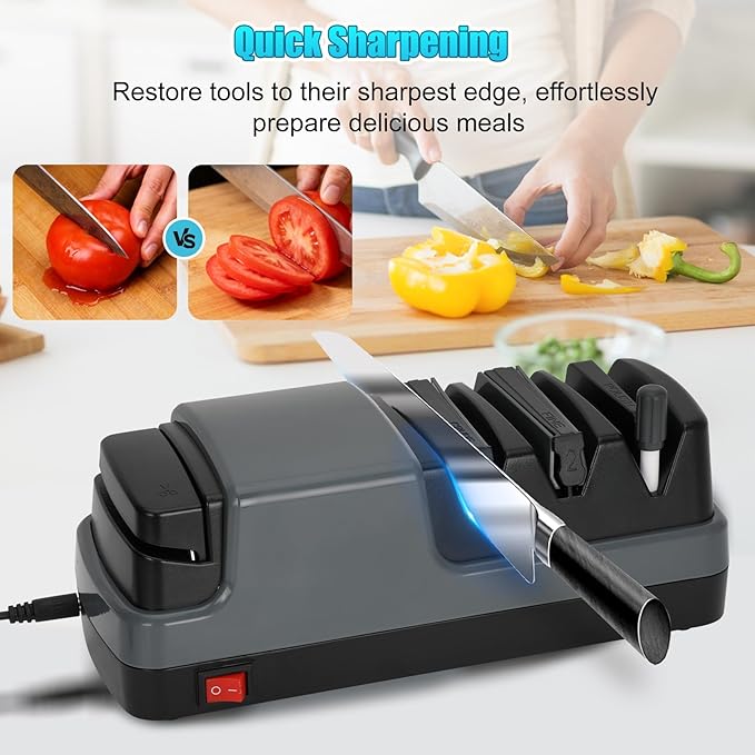 4-Stage Electric Knife Sharpener, For Kitchen Knives, Serrated Knives and Scissors, 100% Diamond Abrasive for Rapid Sharpening & Polishing, Grey Knife Sharpener