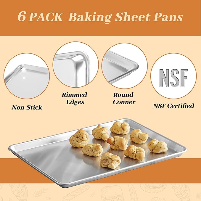 6 Pack Full Size Baking Sheet Pans, Aluminum Commercial Cookie Sheets Non-Stick, 26"x18"