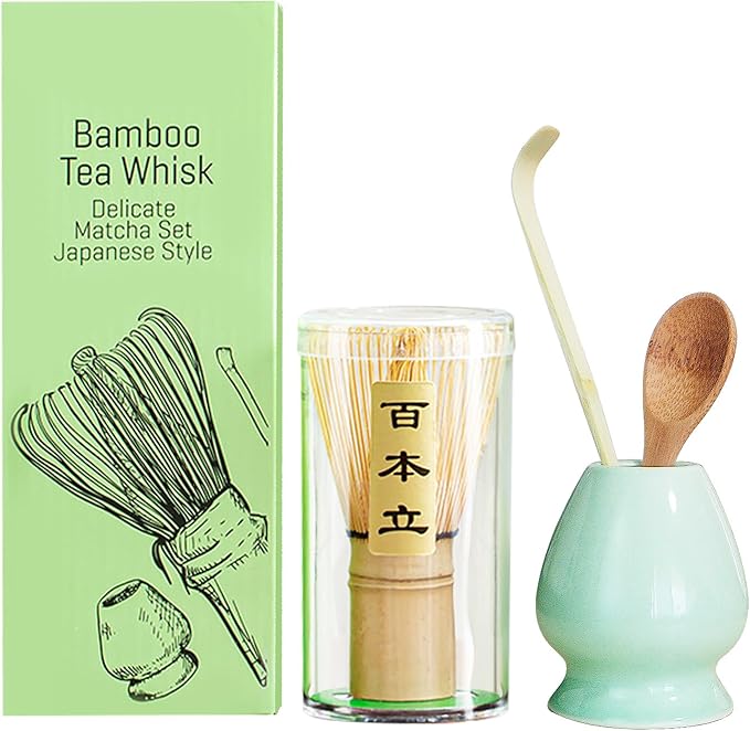 Matcha whisk set - 4pcs - Includes Bamboo Matcha whisk, scoop,spoon,Matcha Whisk Holder. Essential matcha whisk set for a traditional tea ceremony and daily use