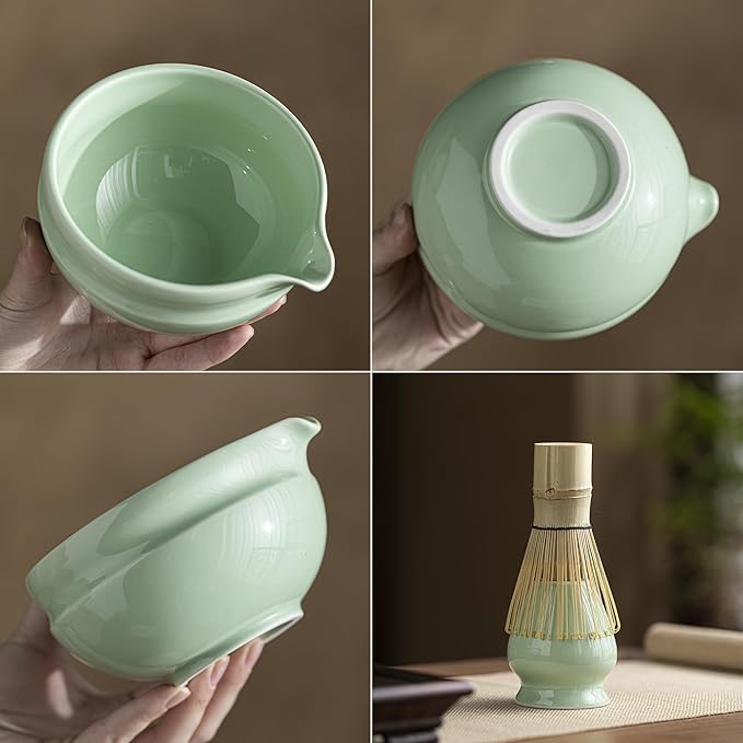Matcha Whisk Set – 8 Pcs Matcha Set with Ceramic Bowl with Spout, Bamboo Whisk, Holder, Scoop, Sifter, and Tea Towel – Complete Japanese Matcha Kit for Ceremony and Gift