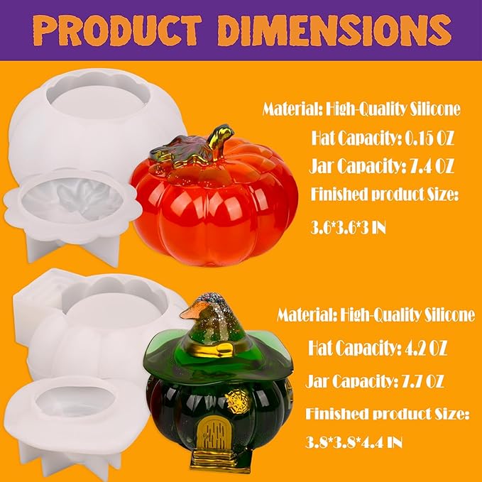 Actvty Halloween Resin Molds - 2 Pcs Pumpkin Jar Silicone Molds With Witch Lid for Casting, Craft DIY, Jewelry, Candy Storage Container