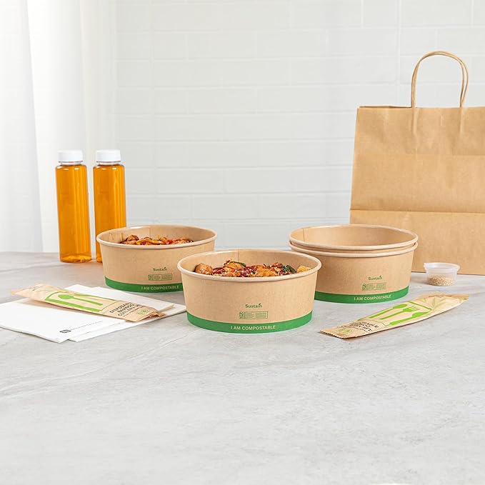 Restaurantware Compostable Paper Food Containers 50 Pack Of 50 oz BPI-Certified Round Kraft Salad Bowls Disposable Grease-Resistant Meal Prep Take Out Containers For Ice Creams, Soups, Snacks