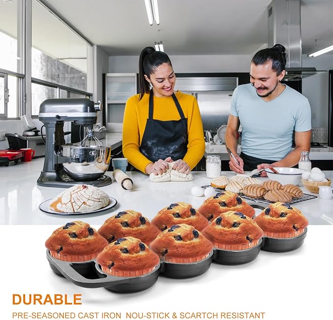 DVK Cast Iron Muffin Pan - Heavy Duty Cupcake Pan Muffin Tin, Non-Warping Even Heat Distribution for Perfect Cupcakes, Mini Cakes, Tarts, Quiches Ideal for Home Bakers Professional Chefs