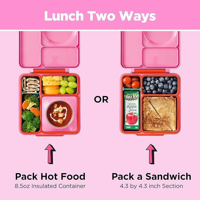 OmieBox Bento Box for Kids - Insulated Bento Lunch Box with Leak Proof Vacuum Insulated Food Jar - 3 Compartments, Two Temperature Zones (Pink Berry)
