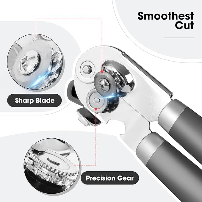 Beneno Heavy Duty Hand Can Opener Manual with Magnet, Durable Sharp Carbon Steel Blade Smooth Cutting, Big Effort-Saving Knob & Soft Grip Handle, Multifunctional Kitchen Tool with Bottle Opener, Gray