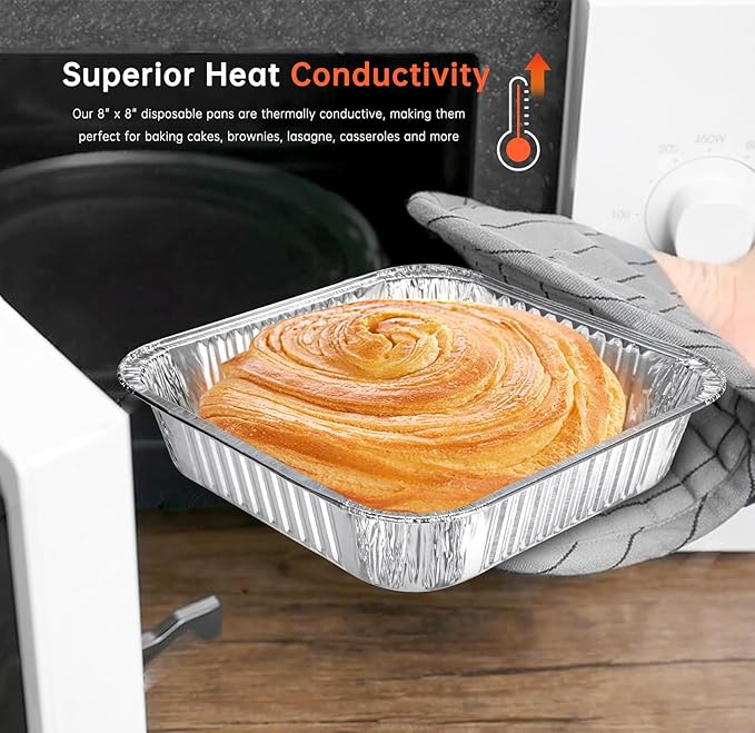 Aluminum Pans 8x8-50 Pack Disposable Baking Pans, 8 Inch Square Tin Foil Pans, Heavy Duty Aluminum Roasting Trays for Baking, Cooking, Heating, Storing, Prepping Food