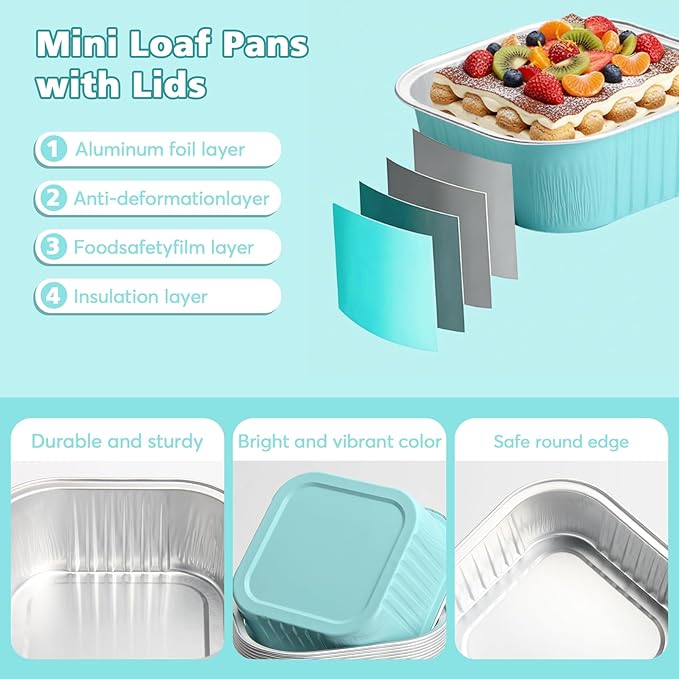 Ruckae 5oz 100 Pcs Square Mini Loaf Pans with Lids-Disposable Foil Dessert Containers,Mini Cake Pans with Lids,Aluminum Dessert Cups for Parties and Weddings (Light Blue, 5oz)