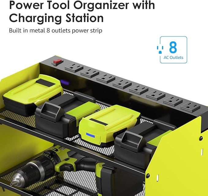 CCCEI Modular Power Tool Organizer Wall Mount with Charging Station. Garage Drill Storage Shelf with Hooks, Heavy Duty Rack, Tool Battery Holder Built in 8 Outlet. Gift for Men. Green, 2 Pack.