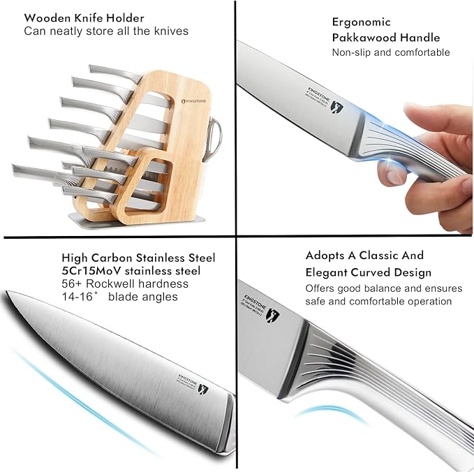KINGSTONE Kitchen Knife Set with Block, 14 Pcs German Stainless Steel Knife Set with Built-in Sharpener, Dishwasher Safe Knife Block Set(natural, 14pcs)