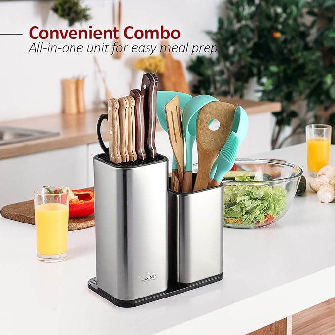 Knife Holder and Utensil Holder - Stainless-Steel Modern Rectangular Design Universal Knife Block and Kitchen Utensils Organizer for Counter-top
