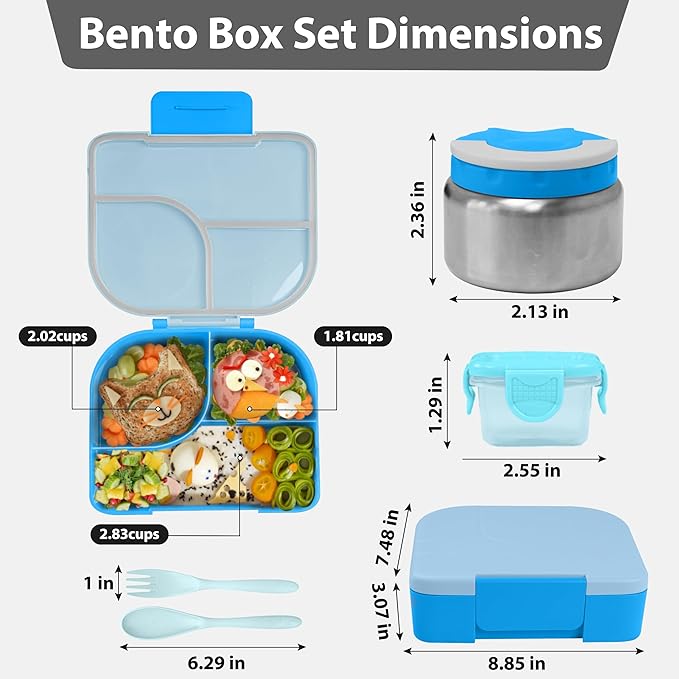 TinyPalsa Bento Box for Kids with 10oz Thermos, Durable Lunch Box with Leak Proof Insulated Food Jar, 3 Compartments with Portable Handle for Ages 3+, Dishwasher Safe, Ideal for School, Travel (Blue)