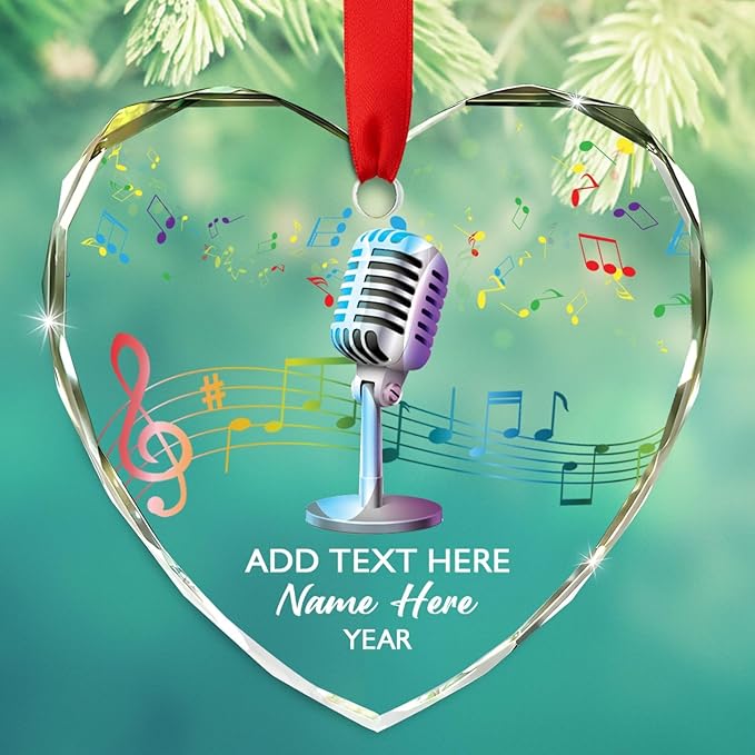 Personalized Micro Recording Glass Christmas Ornament, Customized Year Text Name Singer Singing Microphone Keepsake Ornaments Gift for Women Men Friends Besties, Vocalist Music Xmas Ornament Gifts
