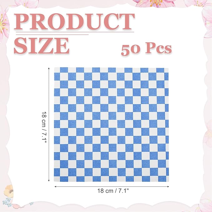 PATIKIL 7.1" x 7.1" Waxed Paper Sheets, 50Pcs Square Pattern Oil-absorbing Dry Food Wrapping Paper for Bakery Coffee Shop Home Baking Kitchen DIY, Blue