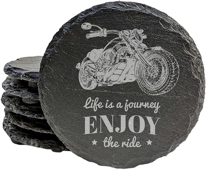 The Open Road Awaits: Motorcycle Coasters with Inspirational Quote - Round Slate - Set of 6