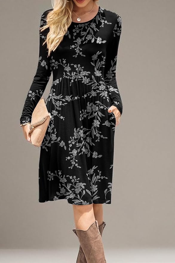 DB MOON Women Casual Long Sleeve Dresses Empire Waist Knee Length Loose Dress with Pockets