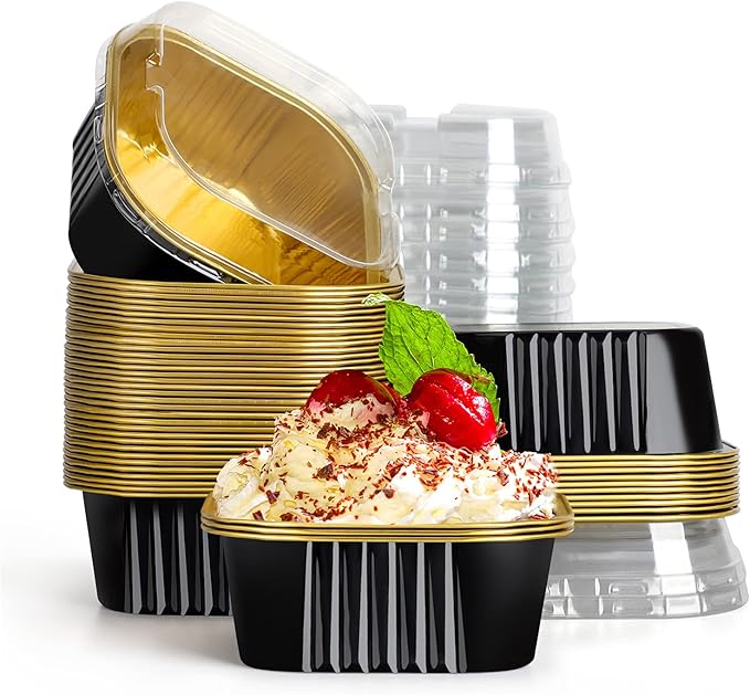 EUSOAR Square Dessert Cups with lids, 10oz 50pcs Disposable Muffin Liners Cupcake Cups Desserts Flan, 300ml Baking Cups, Aluminum Foil Desserts Flan, Custard Cake Catering Gathering Favor-Black Gold