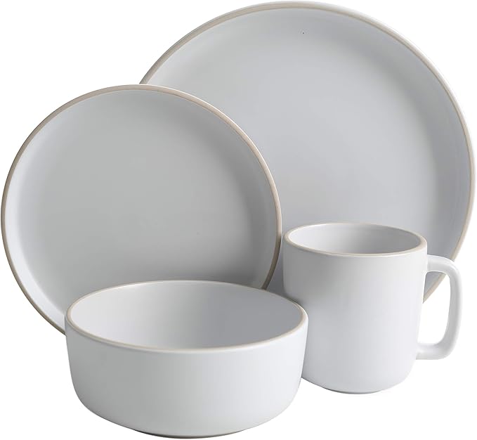 Gibson Home Zuma 16 Piece Round Kitchen Dinnerware Set, Dishes, Plates, Bowls, Mugs, Service for 4, Matte Stoneware, White