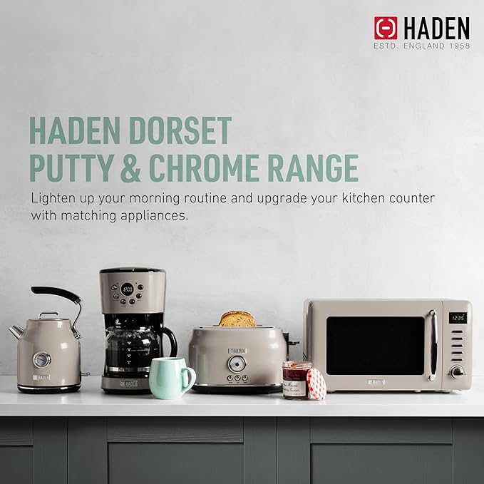 Haden 12 Cup Programmable Drip Coffee Maker Coffee Machine Bundled with Dorset 4 Slice Wide Slot Stainless Steel Toaster, Putty & Chrome