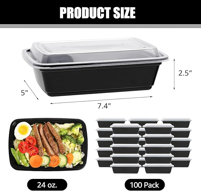 100 PACK, 24 oz. Meal Prep Containers, Extra Large & Thick Food Storage Containers with Lids - BPA Free Stackable Microwavable & Dishwasher Safe, Travel, To Go, Bento Box