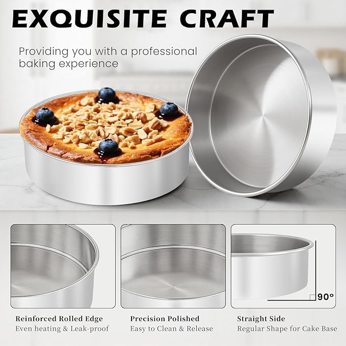 6 Inch Cake Pan - 3PCS Stainless Steel Smash Cake Baking Pans Tins with 100 PCS Parchment Paper, Round Bakeware for Party Birthday Wedding, Mirror Finish & Dishwasher Safe