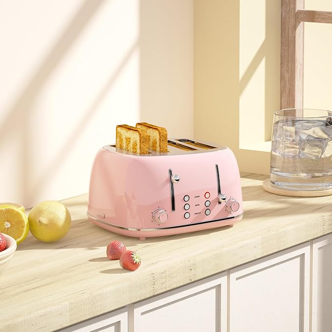 Toaster 4 Slice, Retro Stainless with 6 Bread Shade Settings,1.5''Wide Slots Toaster with Cancel/Defrost/Reheat Functions,Dual Independent Control Panel, Removal Crumb Tray (Pink)