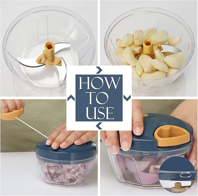Ourokhome Manual Food Processor Vegetable Chopper, Portable Hand Pull String Garlic Mincer Onion Cutter for Veggies, Ginger, Fruits, Nuts, Herbs, etc., 500ml, Deep Blue