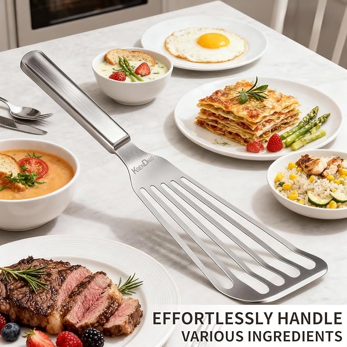 KSENDALO One-piece Fish Spatula Stainless Steel SUS304 - Thick Spatula with Flexible Thin Angled Blade Slotted Egg Flipper, Hollow Grip Metal Turner for Fish/Eggs/Omelettes, Dishwasher Safe