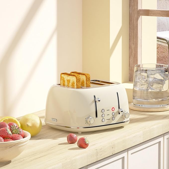 Toaster 4 Slice, Retro Stainless with 6 Bread Shade Settings,1.5''Wide Slots Toaster with Cancel/Defrost/Reheat Functions,Dual Independent Control Panel, Removal Crumb Tray (Cream)
