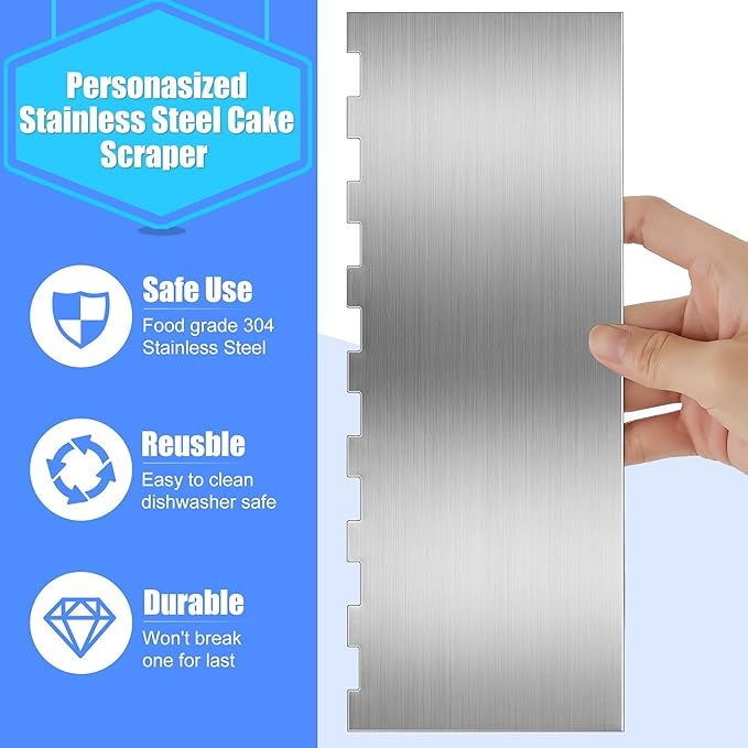 Geiserailie 4 Pieces Stainless Steel Cake Scraper Smoother Large Double Sided Patterned Edge Stripe 9 Inch Metal Cake Decorating Comb for Icing Mousse Butter Cream Decoration, 4 Styles