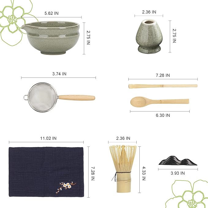 Matcha Whisk Set – 8 Pcs Matcha Set with Ceramic Bowl with Spout, Bamboo Whisk, Holder, Scoop, Sifter, and Tea Towel – Complete Japanese Matcha Kit for Ceremony and Gift (Matcha Green)