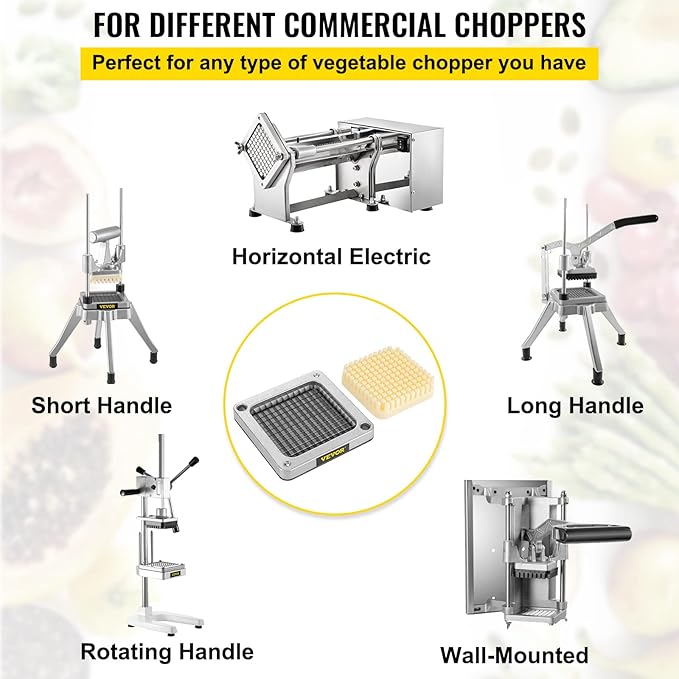 VEVOR Replacement Chopper Blade, 1/4 inch, 3 PCS French Fry Blade Assembly with 6 Extra Knives, Stainless Steel Dicer Parts and Push Block for Cutting Potatoes Carrots Onions Cucumbers Mushrooms