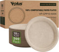 Vplus 500 Pack Compostable Disposable Paper Plates 10.25 inch Super Strong Paper Plates 100% Bagasse Natural Biodegradable Eco-Friendly Sugarcane (nature)