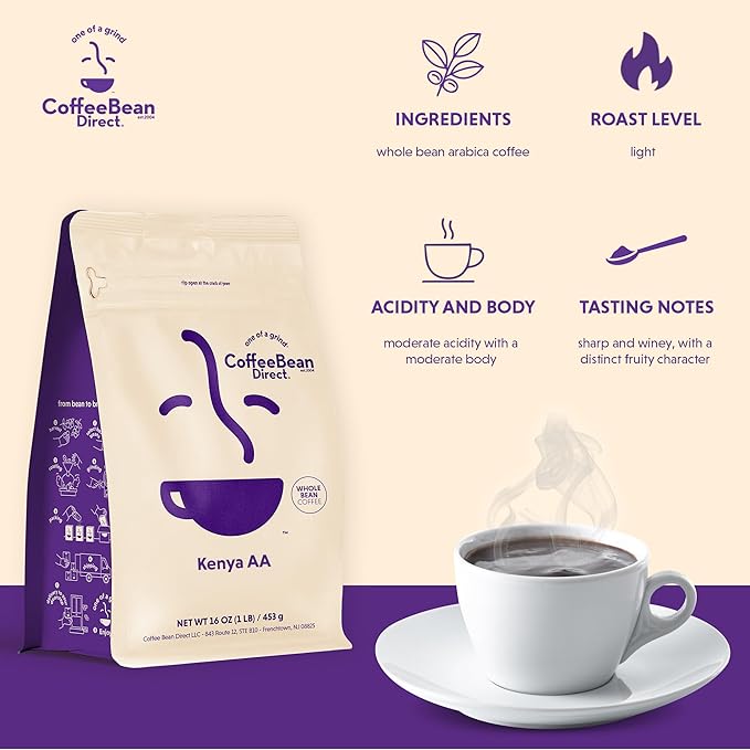 Coffee Bean Direct Kenya AA, Whole Bean Coffee, Light Roast, 1 Pound Bag (Pack of 1)