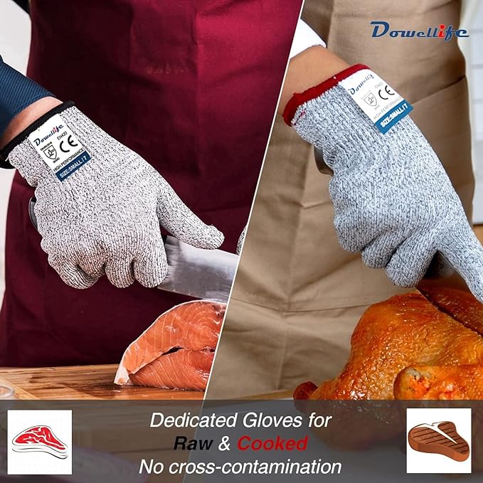 Dowellife Cut Resistant Gloves Food Grade Level 5 Protection, Safety Kitchen Cuts Gloves for Oyster Shucking, Fish Fillet Processing, Mandolin Slicing, Meat Cutting and Wood Carving. (Medium-2 Pairs)