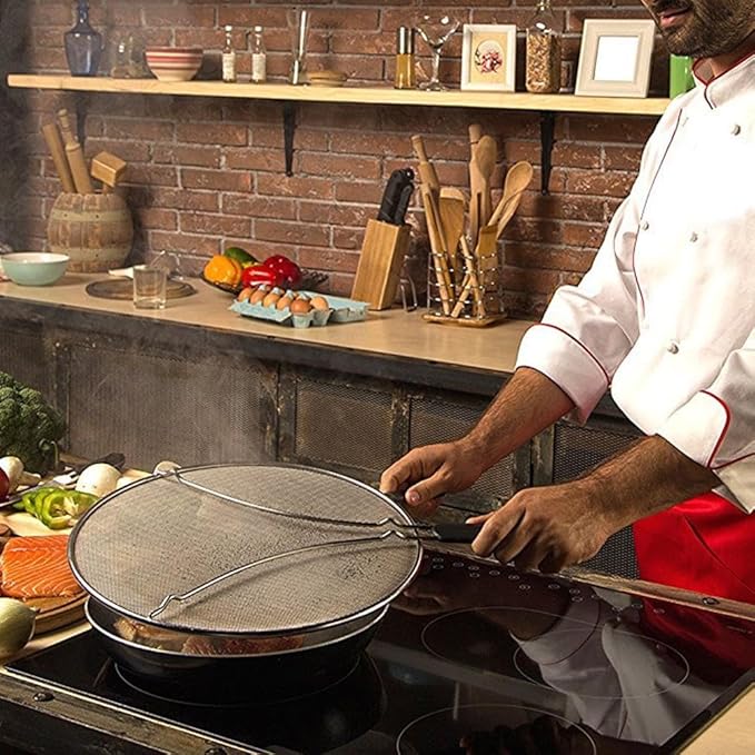 Grease Splatter Screen for Frying Pan 13 inch - Stops 99% of Hot Oil Splash - Protects Skin from Burns - Splatter Guard for Cooking - Iron Skillet Lid Keeps Kitchen Clean, includes Silicone Spatula