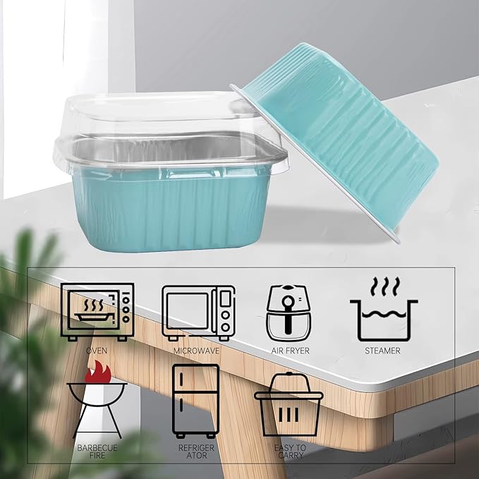 50 Pcs Mini Square Baking Cups with Lids,5oz Aluminum Foil Mini Cake Pans with Lids,Disposable Ramekins Cake Pans,150ml Dessert Cups Cupcake Pans for Wedding Birthday Party,Blue