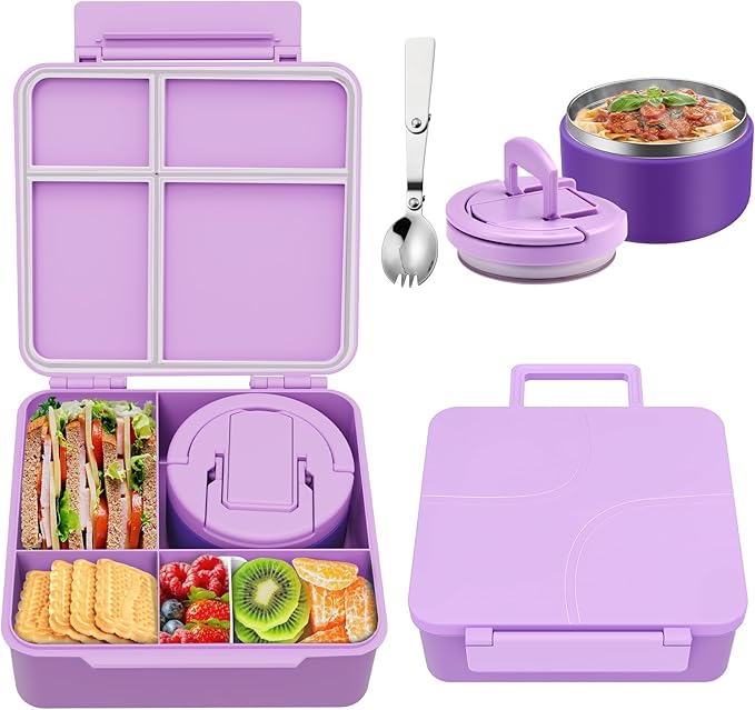 Bento Lunch Box for Kids with 8oz Soup Thermo,Kids Leakproof Lunch Food Containers with 4 Compartment,Kid Insulated Thermo Hot Food Jar for School,Trvael-Purple
