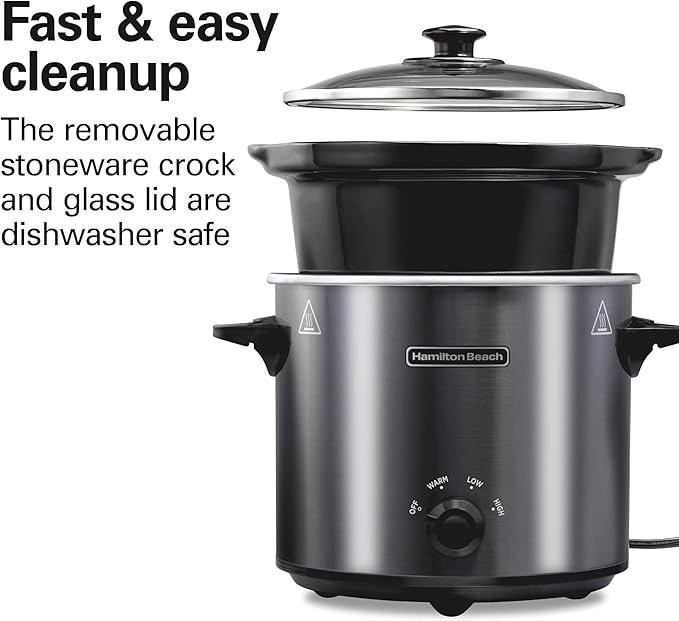Hamilton Beach 4-Quart Slow Cooker with 3 Cooking Settings, Dishwasher-Safe Stoneware Crock & Glass Lid, Brushed Gray(33240)