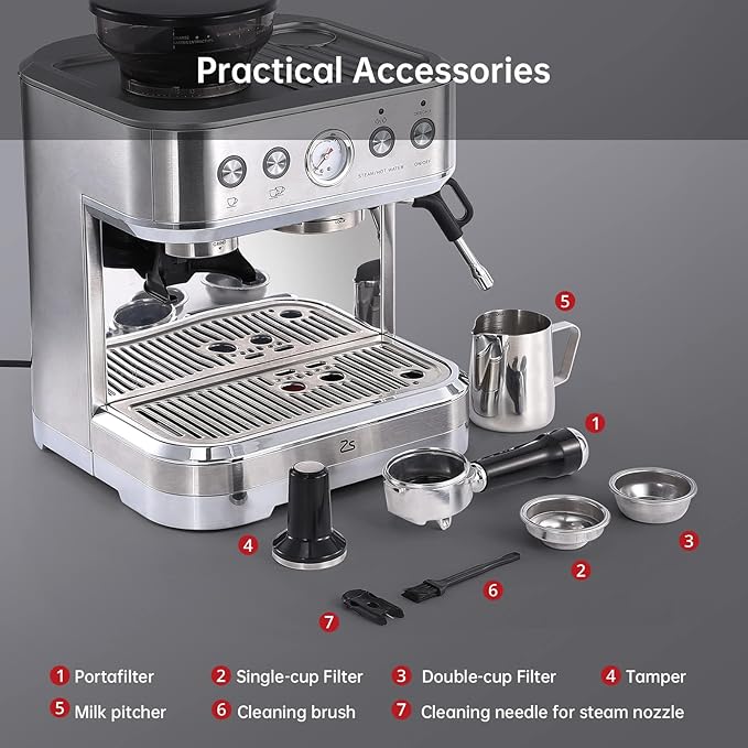 Espresso Machine with Milk Frother and Grinder, All in One Cappuccino Latte Espresso Maker for Home Barista, Built-In Bean Grinder, 85 oz Removable Water Tank, Coffee maker Machine