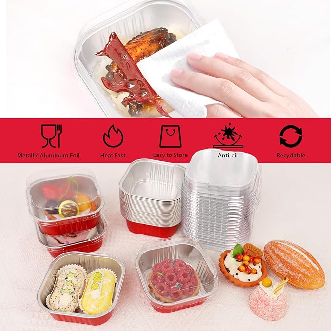 FORBFAN 10 oz Mini Disposable Cake Pans with Lids, 150 Pack Aluminum Foil Square Baking Cups with Spoons, Disposable Baking Cake Tins Red