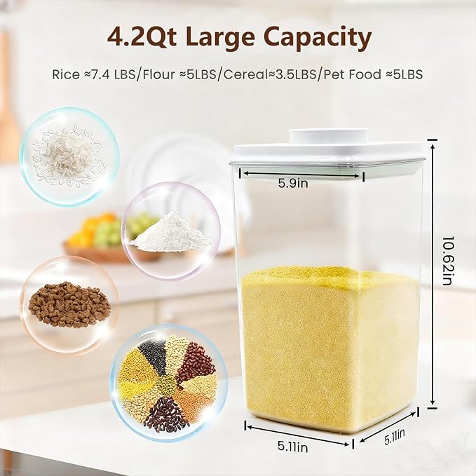Pop Airtight Food Storage Containers Set with Lids, Large 4.2Qt/4L Food Containers with Scoop, Kitchen Pantry Organization and Storage, BPA Free Stackable Cereal Container (2 * 4.2Qt)