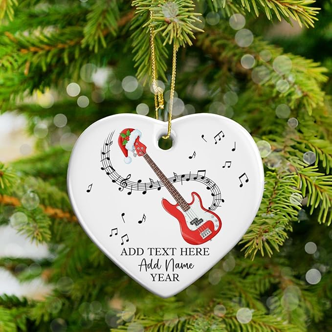 Custom Bass Guitar Christmas Ceramic Ornament, Personalized Guitarist Xmas Ornament with Text Name & Year, Bass Guitar Lovers Christmas Tree Ornaments 2025, Musical Instrument Players Gifts