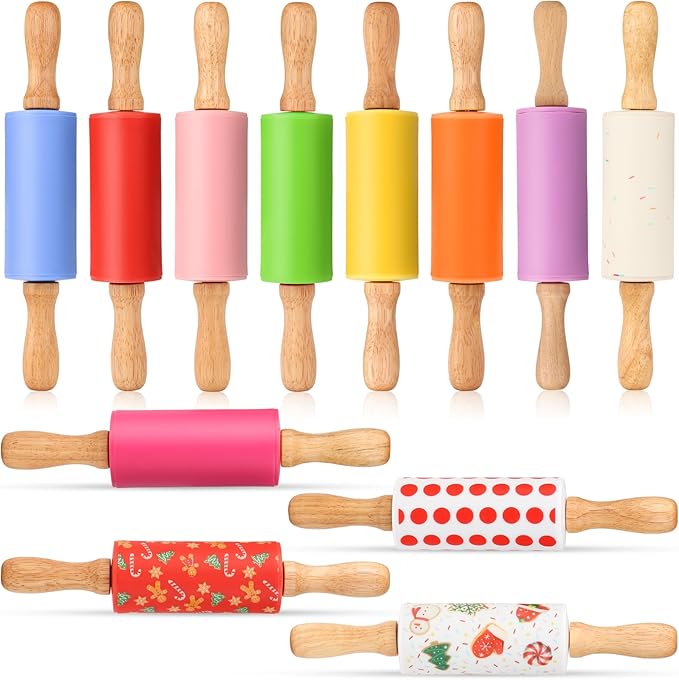 Mini Silicone Rolling Pin for Kids, Non-stick Surface Wood Handle, 9 Inch 12 Pack