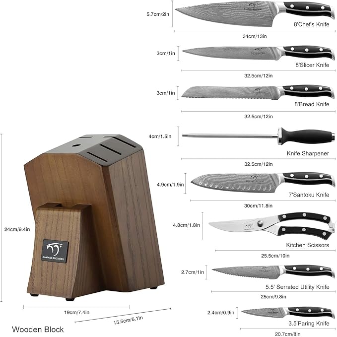 Damascus Knife Set with Block – 9-Piece VG10 67-Layer High Carbon Steel Kitchen Knives, Triple-Riveted Pakkawood Handles, Chef, Santoku, Utility, Bread & Paring Knives, Sharpener & Shears