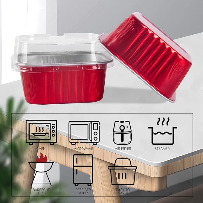 50 Pcs Mini Square Baking Cups with Lids,10oz Aluminum Foil Mini Cake Pans with Lids,Disposable Ramekins Cake Pans,300ml Dessert Cups Cupcake Pans for Wedding Birthday Party,Red
