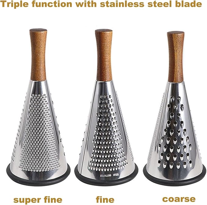 Cone Cheese Grater with Handle - Stainless Steel Triple Function Wood Handle Parmesan Shaver Non-Slip Rubber Bottom Hand Held Multifunction Vegetables Cheese Grater with container (M: 9.4" X 4.3")