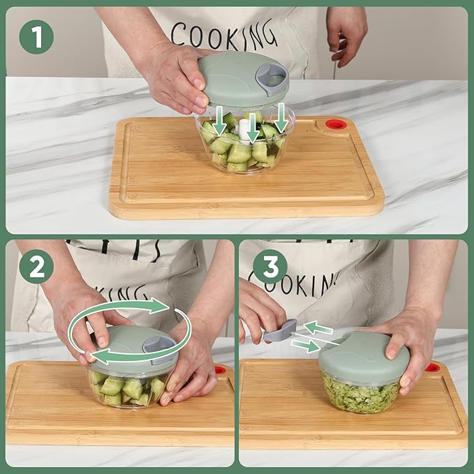 Manual Food Chopper, Garlic Chopper with Container, Vegetable Kitchen Cutter, Pull String Hand Food Processor Sharp Blades Mincer Shredder for Cutting Onions Chili Ginger Seasoning (Green, 500ml)