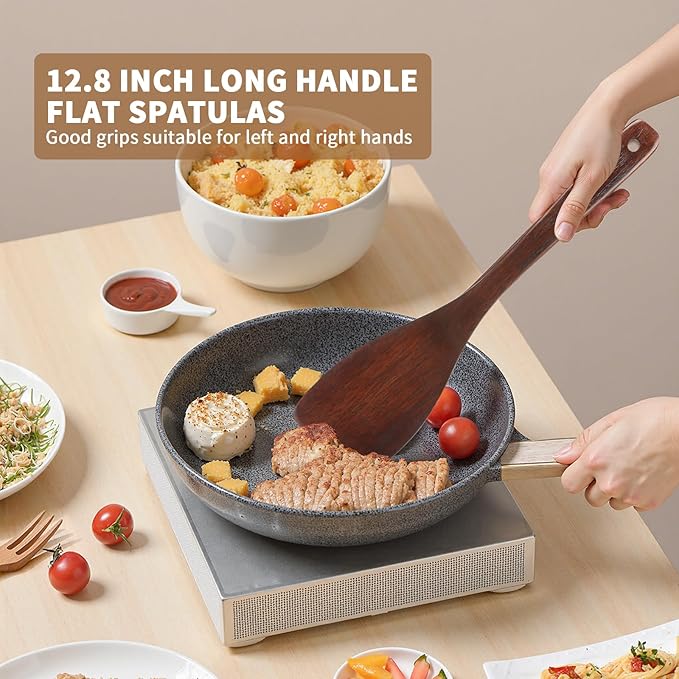 Wooden Spatula for Cooking, Long Handle Flat Spatulas for Frying Pan, Good Grips Left and Right Hand Wood Turner for Cooking Kitchen Utensils